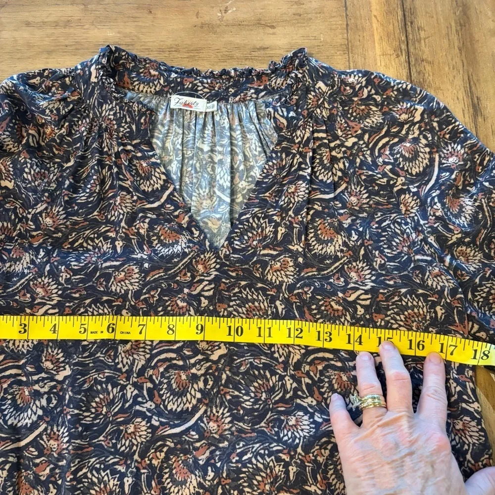 FAHERTY Portia Peasant Boho Blouse Top in Artisan Block Print,XS,Floral Bohemian